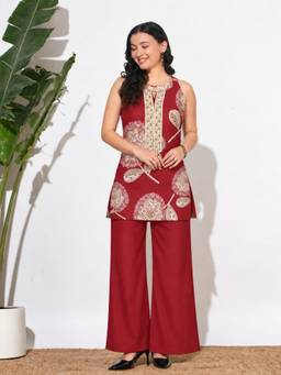 SEPHANI - Red Cotton Printed Shirt With Pyjama