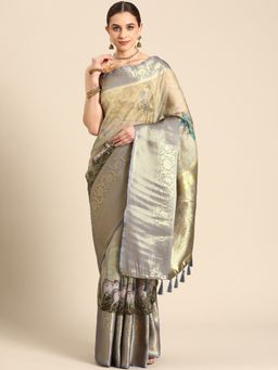 Silk Land - Women Pichwai Muga Silk Olive Digital Print Saree with Unstitched Blouse