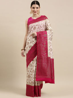 Banarasi Silk Works - Beige Dupion Silk Jaal Skirt Border Saree with Unstitched Blouse