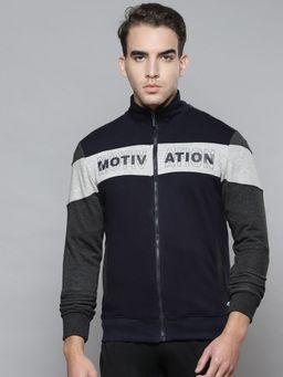 Alcis - Men Navy Blue Grey Colour Blocked Typography Cotton Sporty Jacket