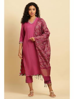 W - Pink Embroidered Kurta with Slim Pants & Dupatta (Set of 3)
