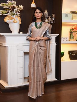 Beatitude - Brown Handwoven Solid Linen Saree Silver Zari Border with Unstitched Blouse
