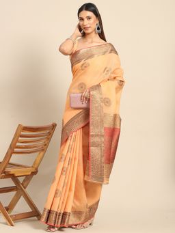 Akhilam - Womens Silk Blend Peach Woven Design Designer Saree with Unstitched Blouse