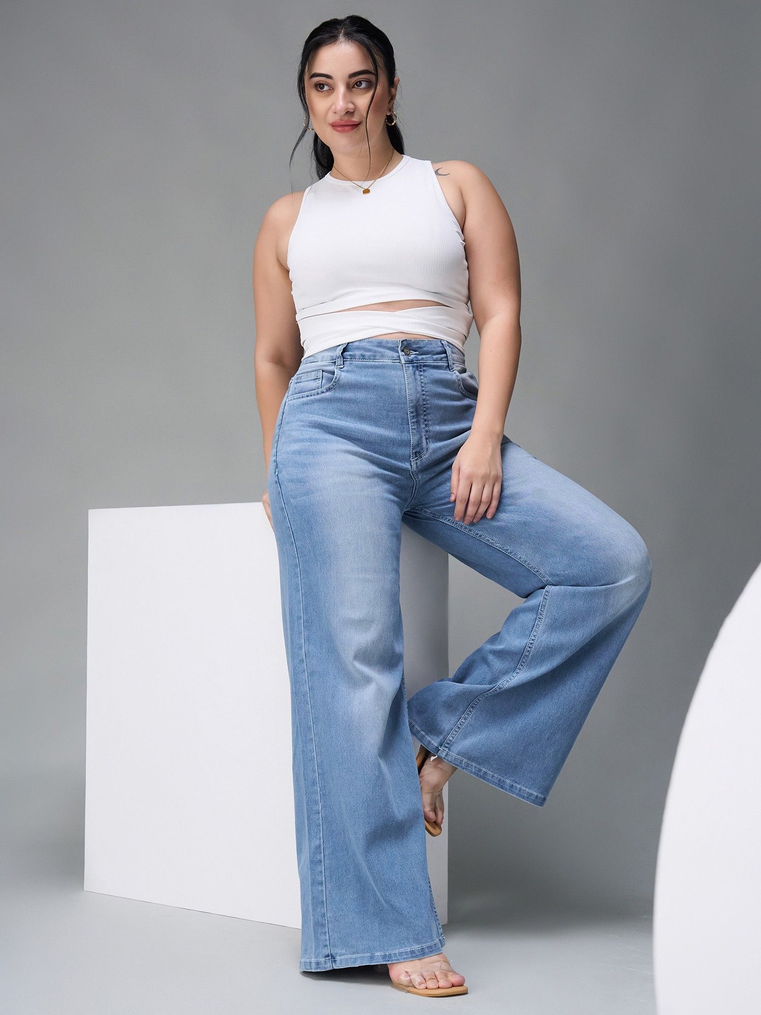 miss chase A+ Curve Collection Plus Size Women Light Blue Wide Leg Jeans-picture-34