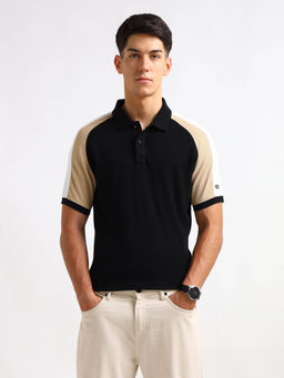 Arrow Sports - Men Black Colourblock Regular Fit Polo T-Shirt