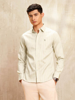 U.S. POLO ASSN. - Men Beige Striped Tailored Fit Shirt