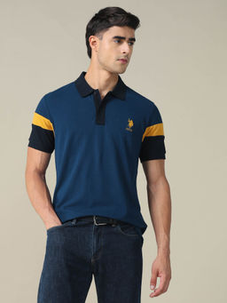 U.S. POLO ASSN. - Men Blue Colourblock Regular Fit Polo T-Shirt