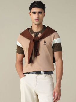 U.S. POLO ASSN. - Men Beige Colourblock Regular Fit Polo T-Shirt