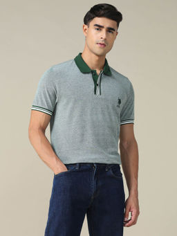 U.S. POLO ASSN. - Men Green Textured Regular Fit Polo T-Shirt