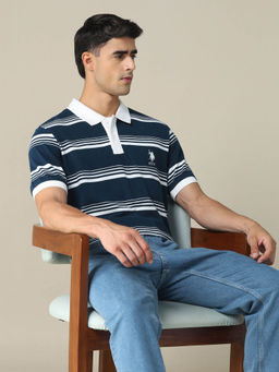 U.S. POLO ASSN. - Men Blue Striped Regular Fit Polo T-Shirt