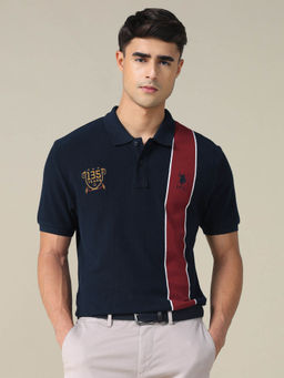 U.S. POLO ASSN. - Men Navy Blue Colourblock Regular Fit Polo T-Shirt