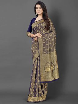 Akhilam - Women Silk Blend Navy Blue Celebrity Saree with Unstitched Blouse