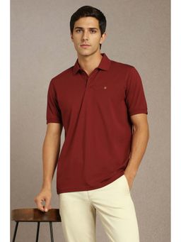 Louis Philippe - Men's Maroon Solid Mercirised Polo T-shirt with Contrast Branding