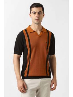 Van Heusen - Men Orange Colorblock Polo Neck T-Shirt
