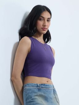 The Souled Store - Purple Solid/Plain Cotton/Elastane Crop Top