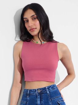 The Souled Store - Pink Solid/Plain Cotton/Elastane Crop Top