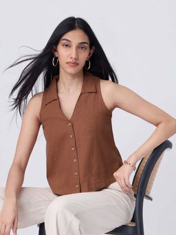 The Souled Store - Brown Solid/Plain Pure Cotton Top