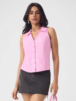 The Souled Store - Pink Solid/Plain Pure Cotton Top