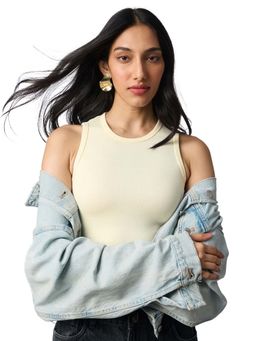 The Souled Store - Cream Solid/Plain Cotton/Elastane Crop Top