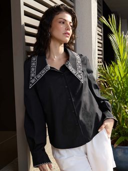The Souled Store - Black Embroidered Pure Cotton Shirt