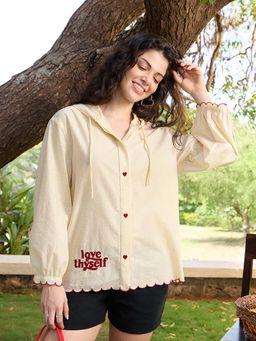 The Souled Store - Cream Embroidered Pure Cotton Shirt