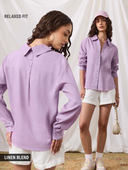 The Souled Store - Mauve Solid/Plain Cotton Linen Shirt