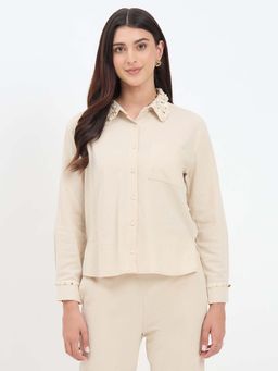 Madame - Beige Embellished/Sequined Cotton Shirt