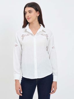 Madame - White Textured Polyester Shirt