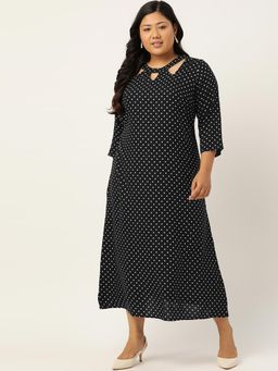 theRebelinme - Plus Size Womens Black & White Polka Dots Printed A-Line Midi Dress