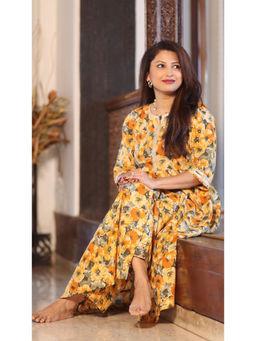 ARAMYA - Yellow Soft Cotton Floral Anarkali Kurta for Women