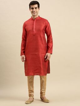 Sanwara - Mens Red Woven Long Sleeve Art Silk Elegant Kurta with Pyjama (Set of 2)