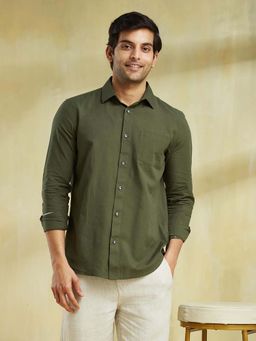 Fabindia - Green Cotton Linen Slim Fit Regular Shirt