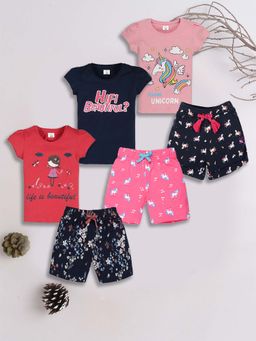 3PIN - Girls Multi-Color Printed T-Shirts with Shorts (Pack of 6)