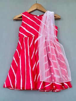 LABEL NEETI - Girls Red Stripes Dress with Attached Dupatta