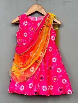 LABEL NEETI - Girls Pink Printed Dress with Attached Dupatta