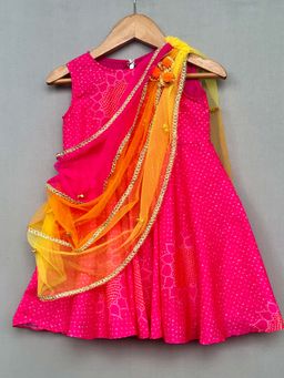 LABEL NEETI - Girls Pink Printed Dress with Attached Dupatta