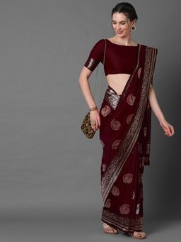 Akhilam - Womens Silk Blend Brown Woven Design Celebrity Saree with Unstitched Blouse