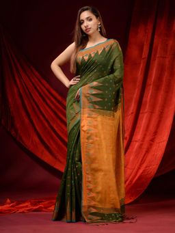 CHARUKRITI - Sap Green Blended Cotton Woven Buttas and Temple Borders Saree with Unstitched Blouse