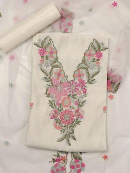 SALWAR STUDIO - Women Off White Chanderi Unstitched Kurta with Bottom and Dupatta (Set of 3)