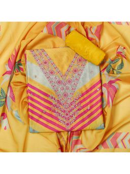 SALWAR STUDIO - Women Yellow Chanderi Unstitched Kurta with Bottom and Dupatta (Set of 3)