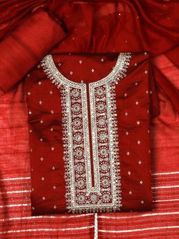 SALWAR STUDIO - Women Red Chanderi Unstitched Kurta with Bottom and Dupatta (Set of 3)