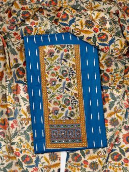 SALWAR STUDIO - Women Blue Cotton Unstitched Kurta with Bottom and Dupatta (Set of 3)