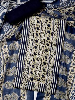 SALWAR STUDIO - Women Blue Cotton Unstitched Kurta with Bottom and Dupatta (Set of 3)