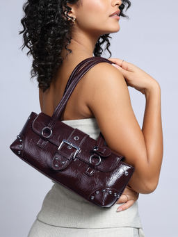 RSVP by Nykaa Fashion - Women's Dark Brown Metal Studs Buckle Detail Flapover Baguette Bag