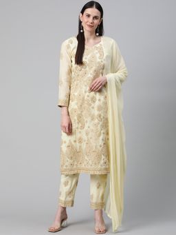 ADA - Hand Embroidered Lucknowi Chikankari Cream-Brown Georgette Unstitched Dress Material [A211151]