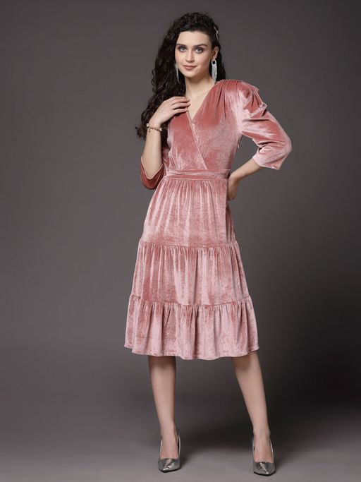 Buy KASSUALLY Peach-Coloured Velvet Midi Dress Online
