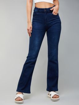 DOLCE CRUDO - Women's Navy Blue Wide Leg Mid Rise Clean Look Regular Stretchable Denim Jeans