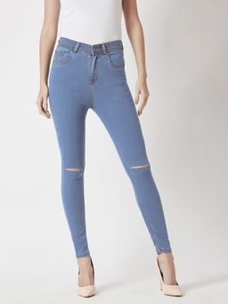 DOLCE CRUDO - Women's Blue Skinny Fit High Rise Mildly Distressed Regular Stretchable Denim Jeans