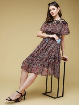 LIFE WITH POCKETS - Women's Multicolored Polyester Ruffled Knee- Length Dress