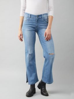 Miss Chase - Womens Blue Wide-Leg Relaxed Mid Rise Regular Length Denim Stretchable Jeans
